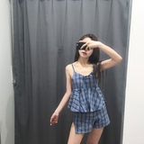 韩国代购chic 格子套装女 吊带背心上衣+短裤 休闲两件套