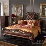 美式全实木双人床 欧式真皮床卧室高档婚床手工雕花木质大床定制