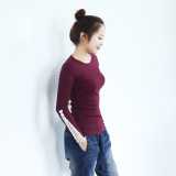 2015春季新品韩版修身圆领打底衫女长袖蕾丝显瘦纯棉T恤