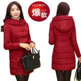 2015冬季新款棉衣女中长款韩版修身显瘦纯色连帽加厚羽绒棉服外套