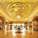 中式3D立体浮雕黄金龙天花壁纸酒店餐厅吊顶墙纸卧室客厅天顶壁画