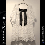 韩国夏季蝴蝶结白色镂空蕾丝喇叭袖娃娃衫短裙大码公主蓬蓬连衣裙