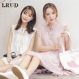 LRUD2016夏季新款韩版宽松纯色无袖连衣裙女领口系带简约娃娃裙