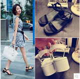 香港代购2016夏季韩国粗跟凉鞋真皮厚底罗马鞋一字带中跟女凉鞋潮