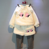 2015韩版秋冬季新款女童可爱睫毛长袖毛绒卫衣假两件小脚短裤套装