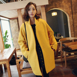 2015年韩版新款中长款黄色羊绒气质女潮女王范儿大衣