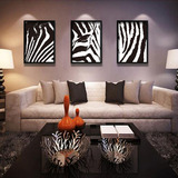 现代斑马装饰画抽象壁画黑白画简约三联无框画挂画卧室客厅沙发画