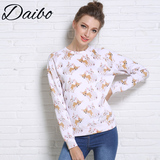 DaiBo2015女冬装新品 可爱狗狗图案印花加绒套头长袖卫衣