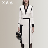 XSA2016欧美秋冬新款女长袖一步裙OL撞色拼接职业气质简约连衣裙