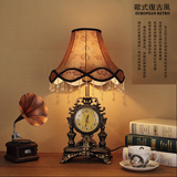 温馨创意时尚带钟表可调光卧室床头台灯 现代欧式客厅复古布罩灯