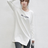 2016新款个性韩版女装中长款简约宽松显瘦长款开叉长袖T恤上衣