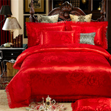 莫代尔提花四件套全棉大红婚庆贡缎蕾丝花边欧式床单被套床品套件