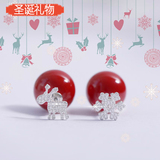 新款925纯银红色珍珠耳钉韩国防过敏双面雪花小鹿耳饰圣诞礼物