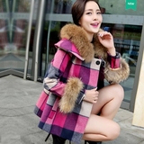 秋冬韩版女子短款毛呢外套时尚斗篷式小香风显瘦格子毛领羊绒大衣