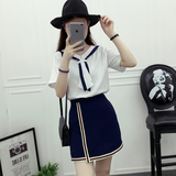 【天天特价】夏季新品韩日系海军风纯色短袖A字包臀短裙套装包邮