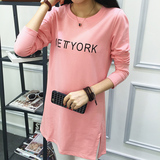 2016秋装新款韩版长袖T恤女装显瘦字母中长款包臀开叉下摆打底衫