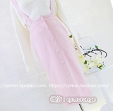 2015新款韩国正品代购THXGIVING粉色包臀半身裙 毛呢纽扣背带长裙