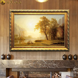古典欧式山水风景三只小鹿国王河GF340客厅油画装饰画聚宝盆有框