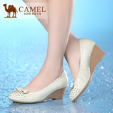 camel骆驼女鞋2014新款羊皮圆头甜美浅口坡跟单鞋女真皮正品