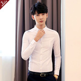 男士小领衬衣白衬衫男长袖修身型薄款夏季韩版青年发型师工作服潮