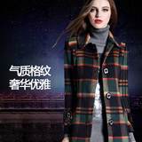 高档品牌秋冬装中年大码女装中长款修身显瘦格子羊毛呢子大衣外套