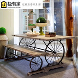 现货北欧美式乡村复古实木餐桌椅组合做旧铁艺餐桌轮子餐桌椅造型