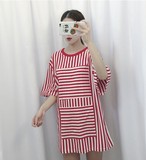 夏季新款韩版ulzzang美腻红白条纹宽松大码百搭短袖连衣裙