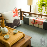 中式水墨荷花罗汉床成套可订做 三人沙发坐垫扶手枕靠垫成套定做