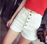 2016夏季韩版白色高腰弹力修身毛边外穿牛仔短裤女学生显瘦热裤