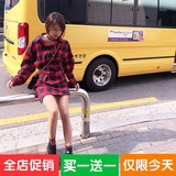 韩版春装慵懒风经典红色格子衬衣中长款长袖收腰修身显瘦衬衫裙女