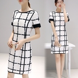 韩国代购女装2016夏季新款修身显瘦直筒A型格子短袖A字雪纺连衣裙