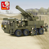 小鲁班拼装积木陆军部队重型运输车儿童拼插玩具军事男孩14岁以上