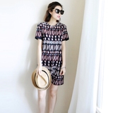 日本代购夏季显瘦女装几何图案休闲短裙 中长款A字纯棉印花连衣裙