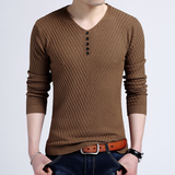 春季新款韩版男装v领男士长袖T恤修身 纯色大码套头针织打底衫