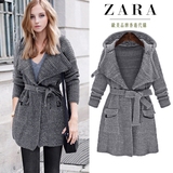 Zara女装正品2015冬装新品女装宽松复古休闲连帽针织开衫外套毛衣