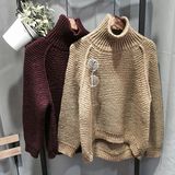 2015冬季新品韩版宽松高领针织衫前短后长不规则下摆毛衣女包邮