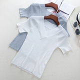 【天天特价】夏季韩版时尚纯色竖纹V领修身显胸短袖薄款针织衫女