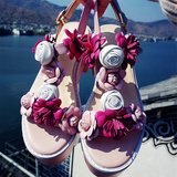 夏季甜美风网红同款厚底松糕跟罗马羊皮粉色花朵真皮T字带凉鞋7cm