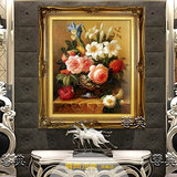 手工古典花卉油画欧式餐厅玄关卧室挂画壁画有框画竖版画百合花