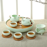 功夫茶具套装陶瓷小茶盘带托盘便携旅行日式定窑整套圆形竹茶台套