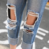 韩国正品代购进口女装2016春装新款膝盖大破洞修身显瘦小脚牛仔裤