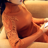 蕾丝毛衣女打底衫2015秋季新款韩版女装修身高领中长款长袖针织
