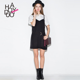 Haoduoyi2016春夏新款 甜美黑白拼接时尚修身可拆卸皮带连衣裙
