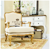 现货欧式美式乡村实木单人沙发椅 法式复古原木色实木布艺沙发椅