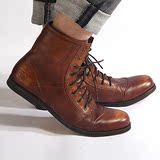 新款欧美复古男鞋手工擦色真皮高帮做旧短靴时尚牛仔皮靴男靴