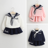 2016春季新款韩版童装女童学院风长袖卫衣+短裙套装海军衫两件套