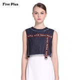 Five Plus2016新品女夏装纯棉拼接短款无袖牛仔衬衫2HM2010570