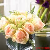 玫瑰仿真花艺套装玻璃花瓶花器方缸 客厅桌面假花装饰花绢花摆件