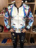 2016春季夹克男 印花韩版修身薄款休闲外套青少年大码条纹潮牌