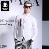 GENANX潮韩版衬衫男长袖保暖打底修身印花拼接发型师男式白衬衣